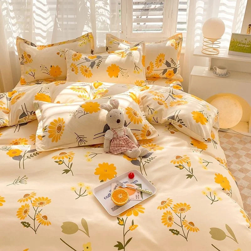 Sängkläder sätter ins grått rutnät Fyra stycken Simple Set Yellow Flower Bed Plat Sheets för 1,5 m 1,8 m 2,0 m 2,2 m täckeflicka 231118