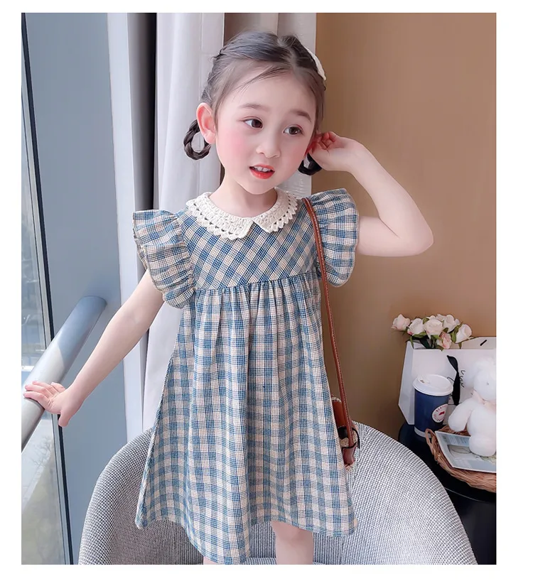 Summer Kids Girls Clothing Set Princess Lace Collar Ruffles Sleeve Plaid Op com shorts Chlildren Girl 