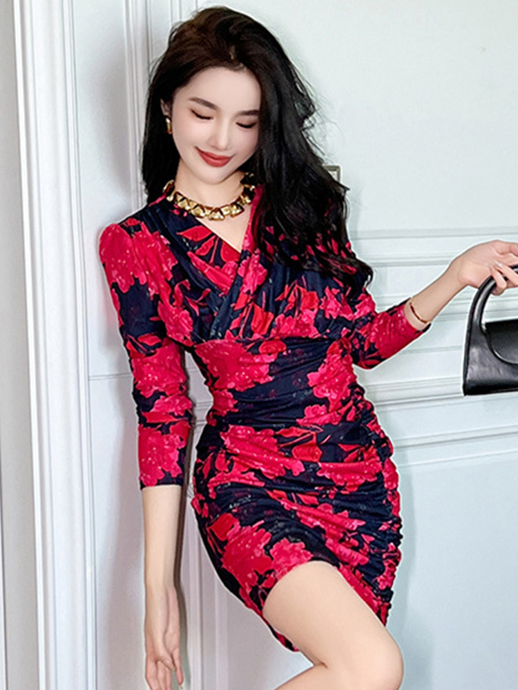 Casual Jurken Damesmode Franse Retro Mini-jurk Dames Print Elastisch Lange mouwen Geplooid Wikkelheup Korte jurk Onderkant Bodycon Feestjurk 2024