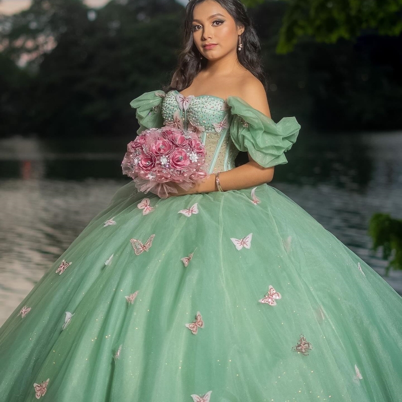 Sage Green Quinceanera Dresses Sweet Beads Bow Princess Ball Gown 2024 Birthday Party Gowns Vestidos De 15 Quinceanera