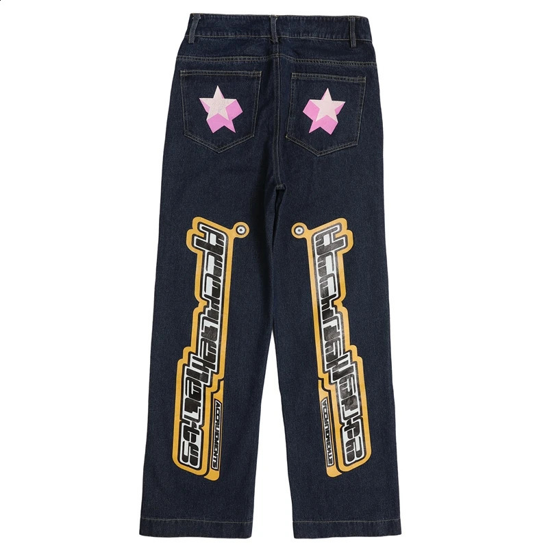 Lettre de jeans masculin met en vedette des graffitis imprimement large jambe large et pantalon de jeans noir pour hommes et femmes hétérosexuels de jean surdimensionné décontracté 231118