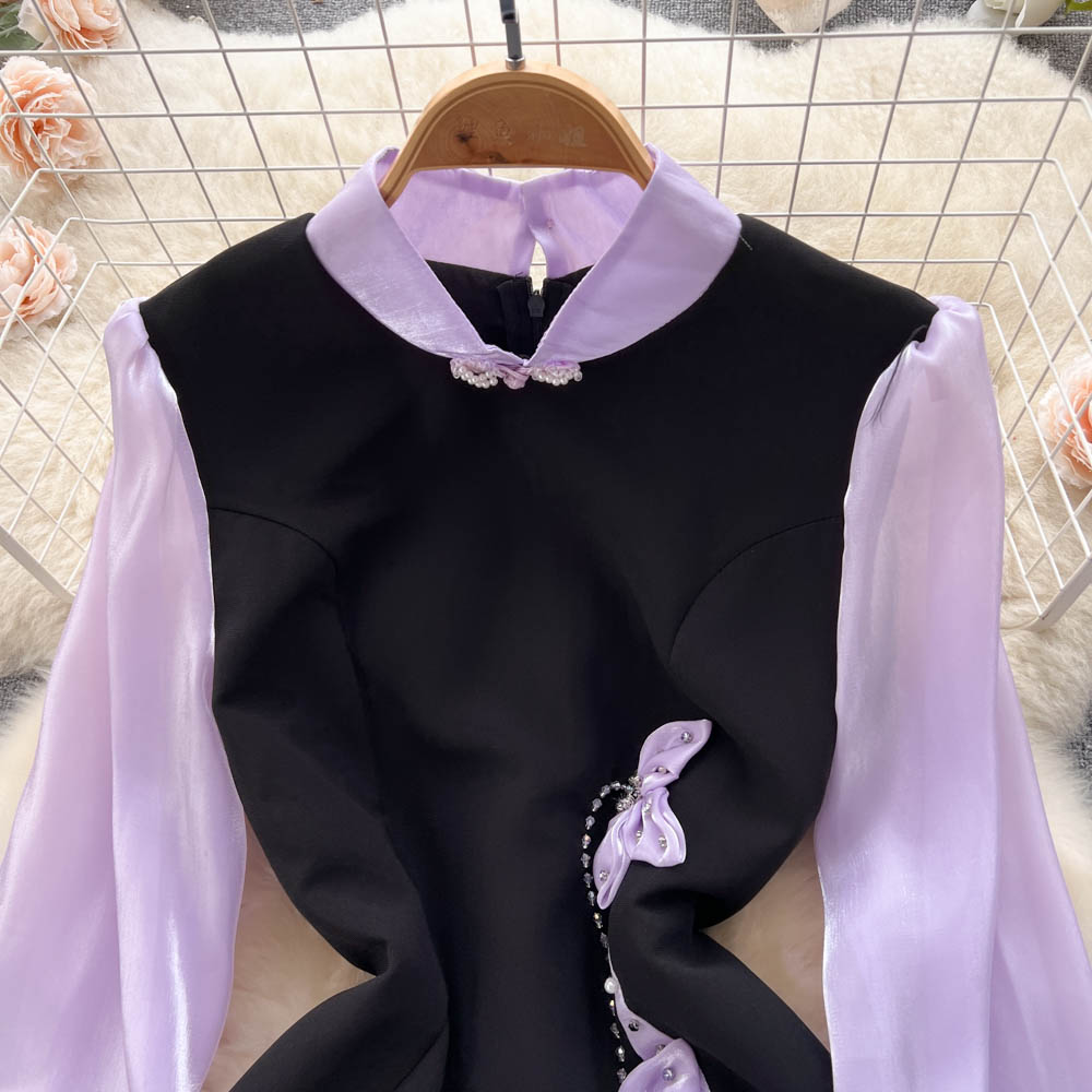Robes décontractées de base nouvelles femmes vintage cheongsam stand collier bodycon robe créateur appliques florales de printemps diamants couture crayon vestidos 2024
