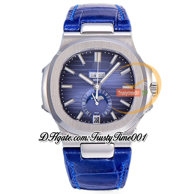 GRF V5 Calendario anual complicado 5726 A324 Reloj automático para hombre Fase lunar Esfera azul Marcadores de barra Caja de acero Correa de cuero SS Super Edition trustytime001Relojes