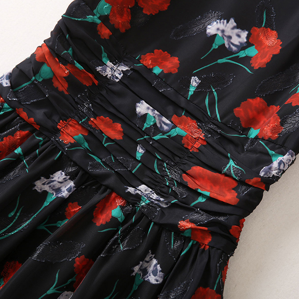 Vestido fruncido con estampado floral negro de verano Manga corta Cuello redondo Paneles Vestidos casuales clásicos A3A101459