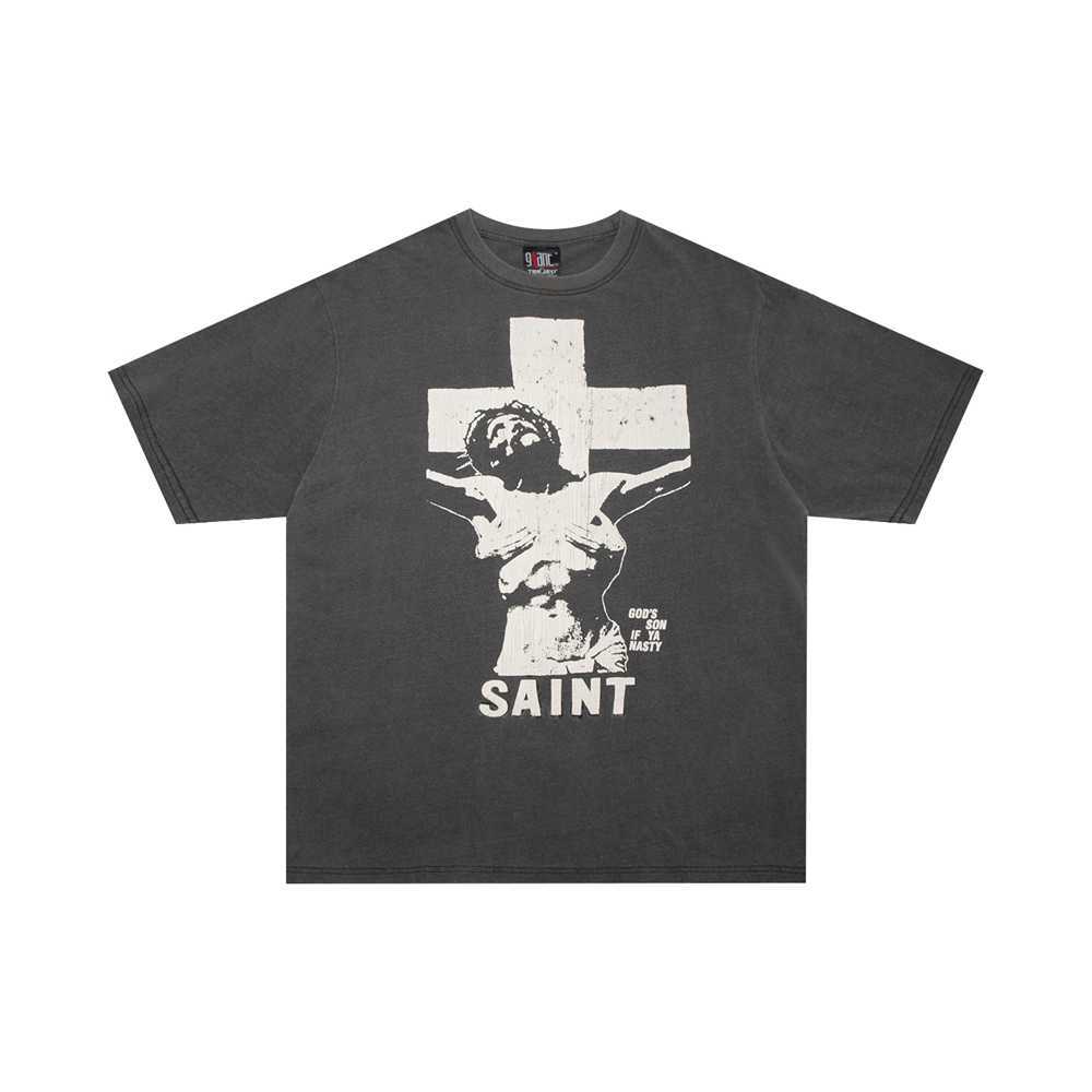 Men's T-Shirts Saint Michael 23SS Men Women T Shirt Cross Washed Distress Vintage Hip Hop High Street Casual Oversized Short Sleeve