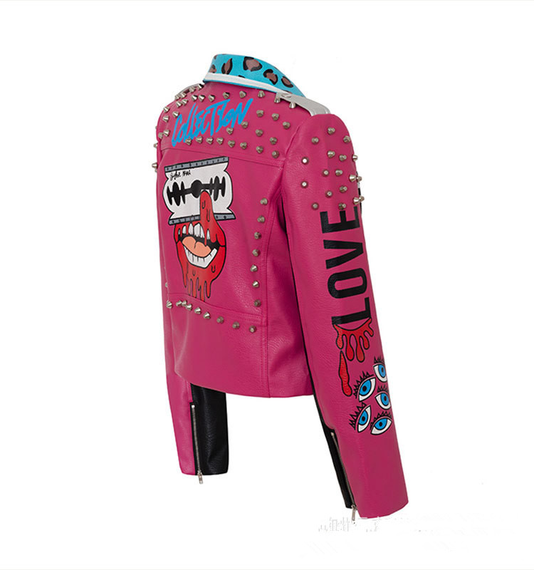 Chaquetas de cuero de la PU de las mujeres Graffiti Floral Estampado de letras Punk Motocicleta Biker Zip Remache Cadena Cintura Abrigos de mujer Contraste Color Prendas de abrigo 8362