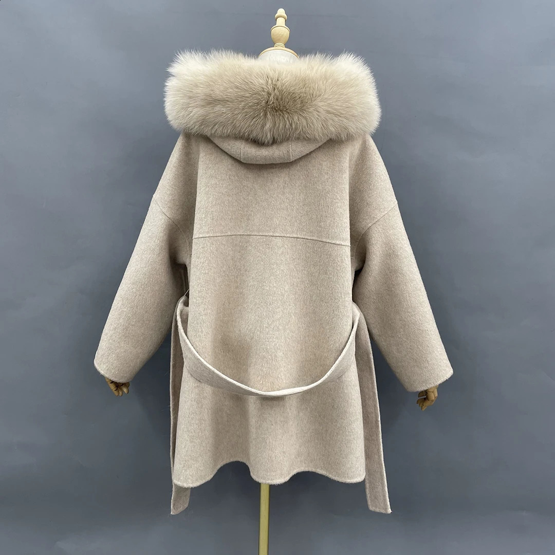 Misto lana da donna MISSJANEFUR Cappotto in cashmere Donna Moda Caual Pelliccia con cappuccio Giacca con grandi tasche Sciolto con cintura 231118