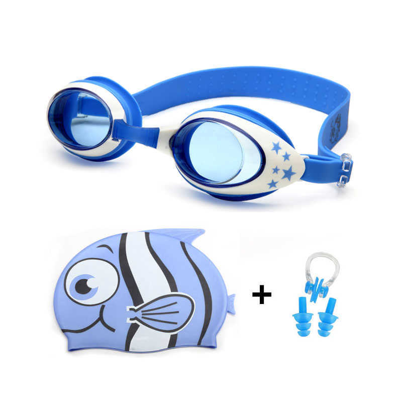 Swimming goggles earplugs protective set anti fog glasses boys and girls professional silicone shark pool swimming cap P230601