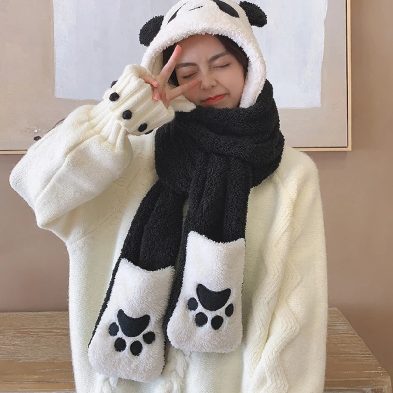 Beanie / Skull Caps Cute Panda Hat Scarf Luvas 3 peças Conjunto de pelúcia fofo chapéu de desenho animado feminino inverno animal patas à prova de vento boné cachecol mitten 231118