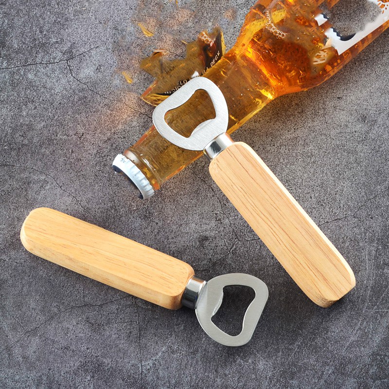 Ouvre-bouteille de bière en acier inoxydable avec poignée en bois cadeaux de mariage pour invités outils de barre de cuisine Logo personnalisé cadeau de Promotion