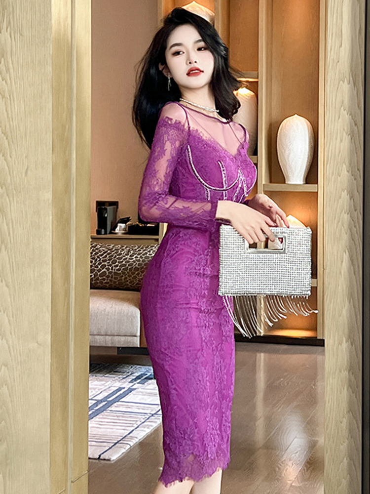 Casual Dresses French Elegant Prom Dresses Women Celebrtity Sexig Sheer Mesh Lace Panel Hög midja slits Robe Femme Party Banquet Vestidos Mujer 2024