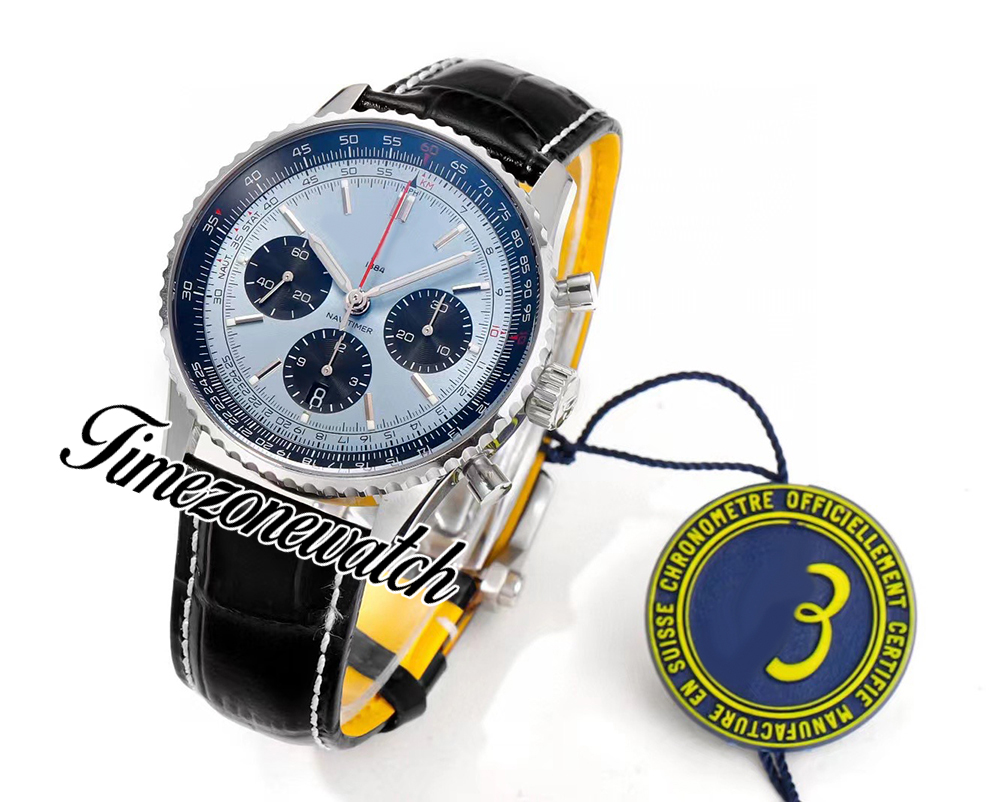 BLSF NAVITIMER B01 ETA A7750 Automatisk kronograf MENS Titta på isblå svart pinne läder med vit linje AB0138241C1P1 Super Edition TimeZoneWatch C148A