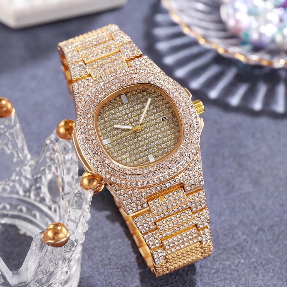 Luxury dames kijken naar ijskoud horloge met kwarts crystal rhinestone diamant horloges dames roestvrijstalen polshorloge volledige diamanten