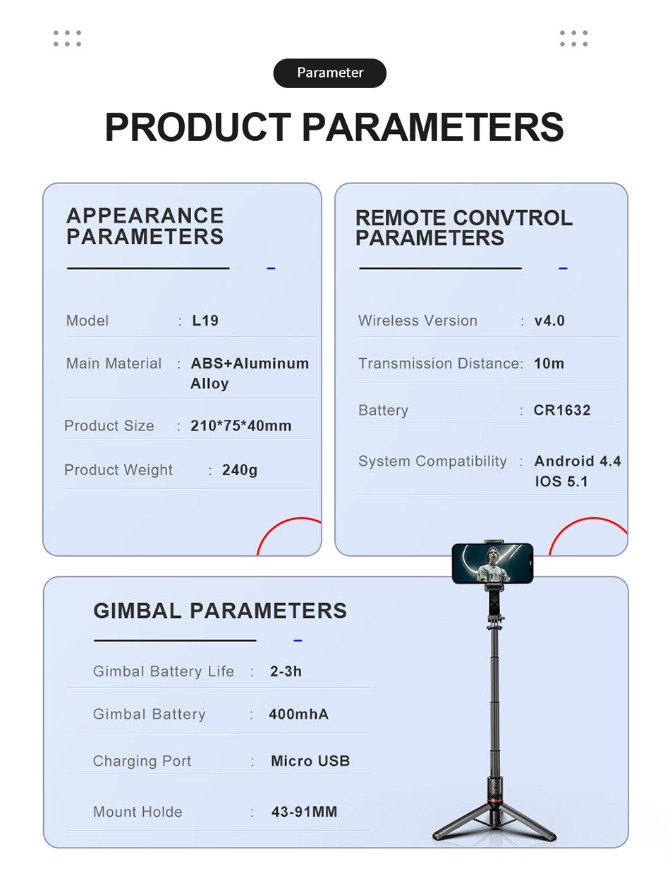 L19 Gimbal Stabilizer 자동 균형 알루미늄로드로드 텔레스코픽 셀카 스틱 비디오 안정적인 촬영 삼각대 전화 스마트 폰