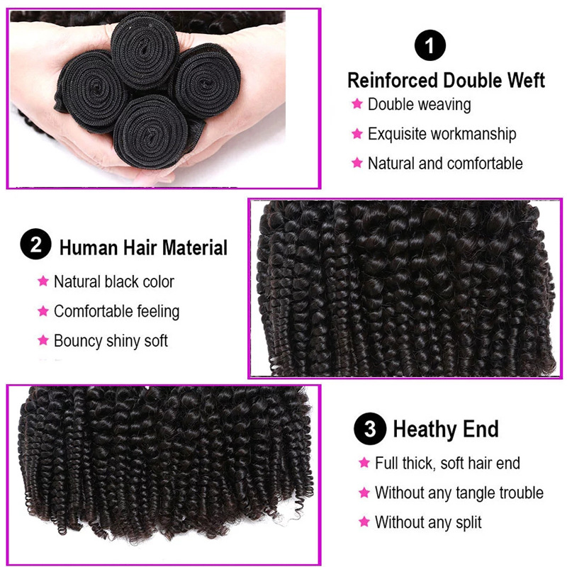 Funmi hår bouncy curly afro kinky curly peruansk 3 buntar med 4x4 spetsstängning gratis del naturlig färg 10-20 tum