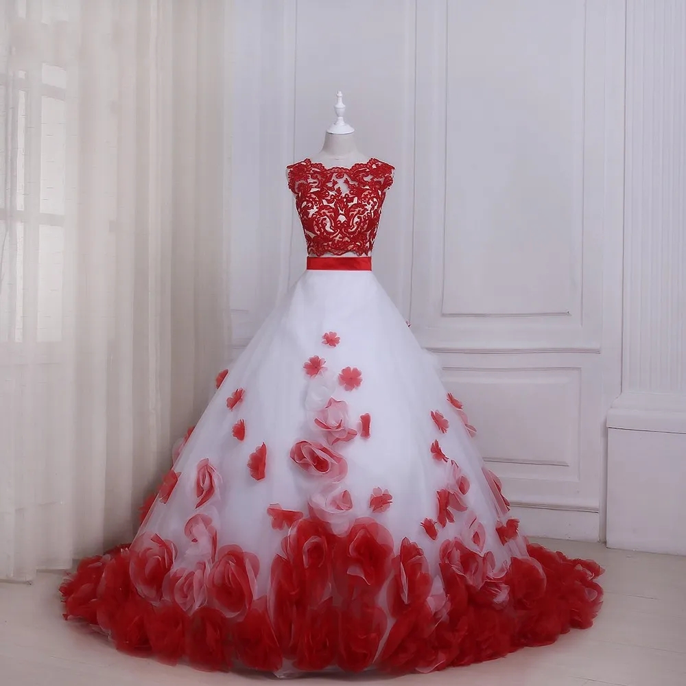 Rote und weiße Ballkleid-Abschlussballkleider, zweiteilig, neu, günstig, mit Juwelenausschnitt, Spitzenapplikation, 3D-Blumenblumen, Tüll, langer Abend