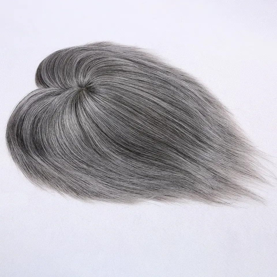 Mão cheia amarrada de cabelo mono hair topper cinza peças de cabelo humano sal e pimenta cor de pimenta europeu wo homens cinzatoppers clipe de peça de cabelo em extensão prata personalizada 20 dias cerca de 3x5 