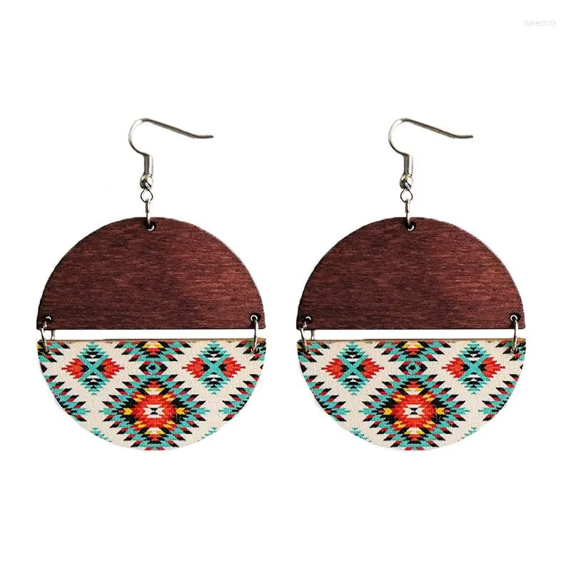 Brincos de Brincos Dangle Rodada de Madeira Aztec para Mulheres Jóias Ocidentais Design de Cowgirl Design de madeira por atacado