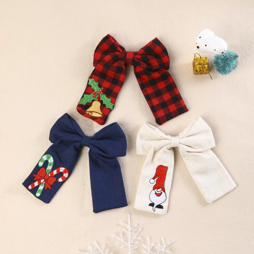 Headwear Hair Accessories CN Santa Embroidery Fabric Hair Bow Barrettes sailor bows Checked Hair Clip for Kids Girls Christmas Hair Accessories 231118