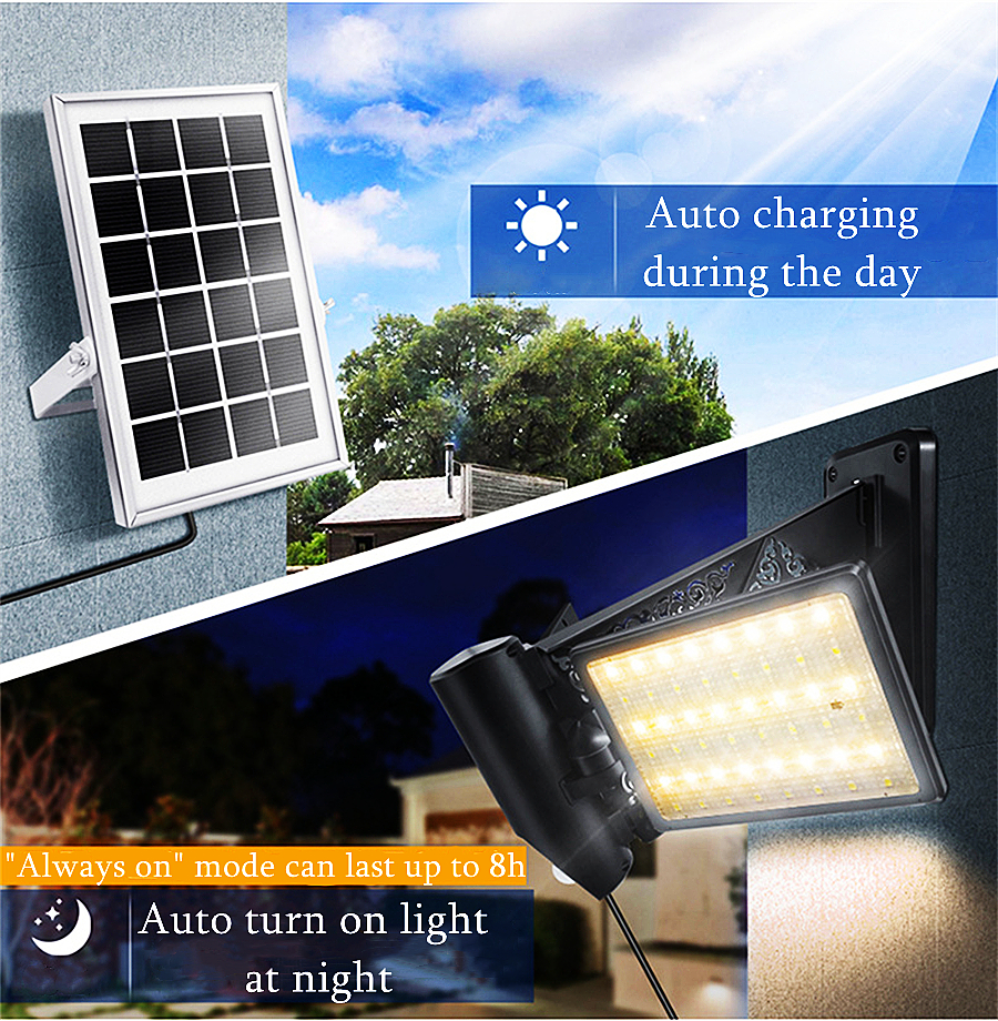 Lâmpada de parede externa luz solar com troca de 3 cores 96led garden street lumin paisagem sensor de movimento leve, controle remoto inundação llight spotlight split painel solar