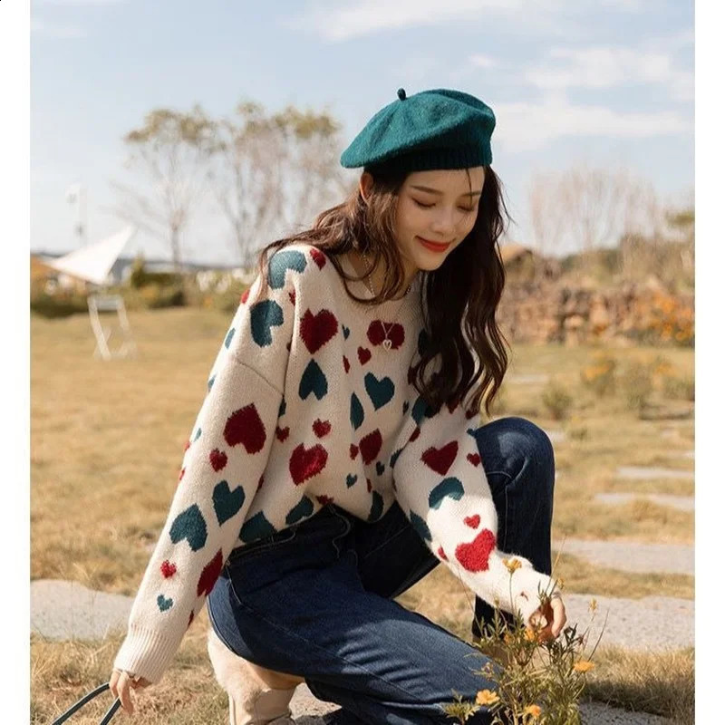 Suéteres de mujer Otoño Invierno Japonés Casual Suelto Dulce Lindo Jumpers Estilo Preppy Corazón Jacquard Todo fósforo Jerseys de punto 231118