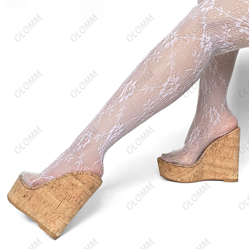 Olomm handgefertigte Damen-Pantoletten-Sandalen, transparentes PVC, Komfort, Keilabsätze, offene Zehen, hübsche Freizeitschuhe, Größe 35, 47, 52