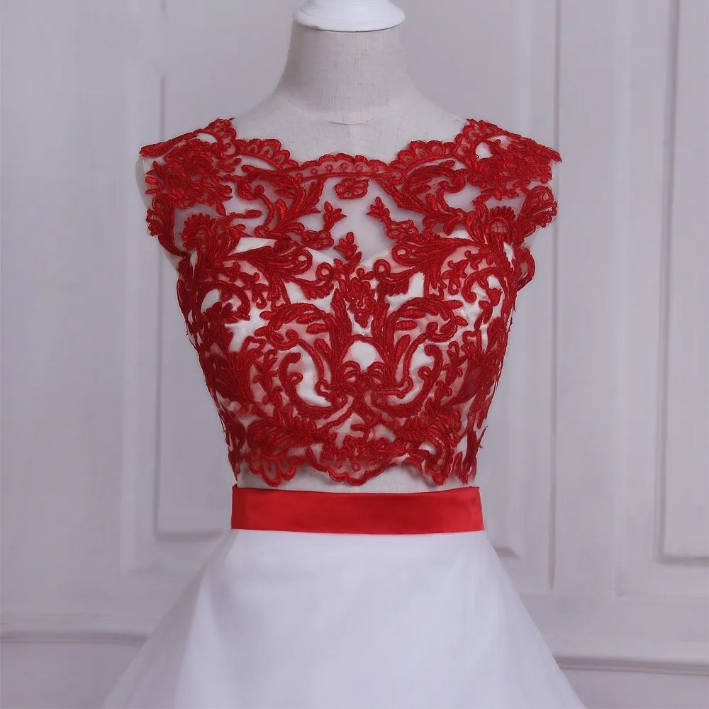 Red And White Ball Gown Prom Dresses Two Pieces New Cheap Jewel Neck Lace Applique 3D Floral Flowers Tulle Long Evening