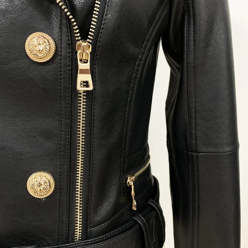 Couro feminino couro falso de alta qualidade est designer jaqueta feminina leão botões jaqueta de couro falso motocicleta motociclista jaqueta 231118