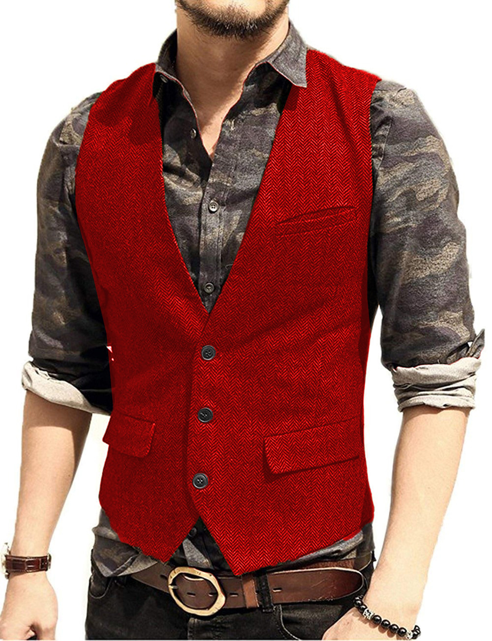 V-Neck Men's Suit Vests Fashion Formal Slim Fit Business Casual Herringbone Waistcoat Groomsemen For Wedding