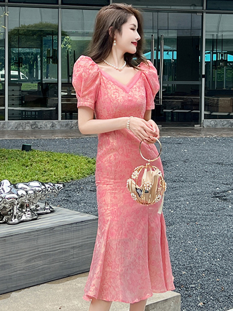 Casual Dresses French Elegant Midi for Women Sweet Quality Pink Jacquard Yarn Printed Wrap Hip Fishtail Long Robe Feminine Party Host Vestidos 2024