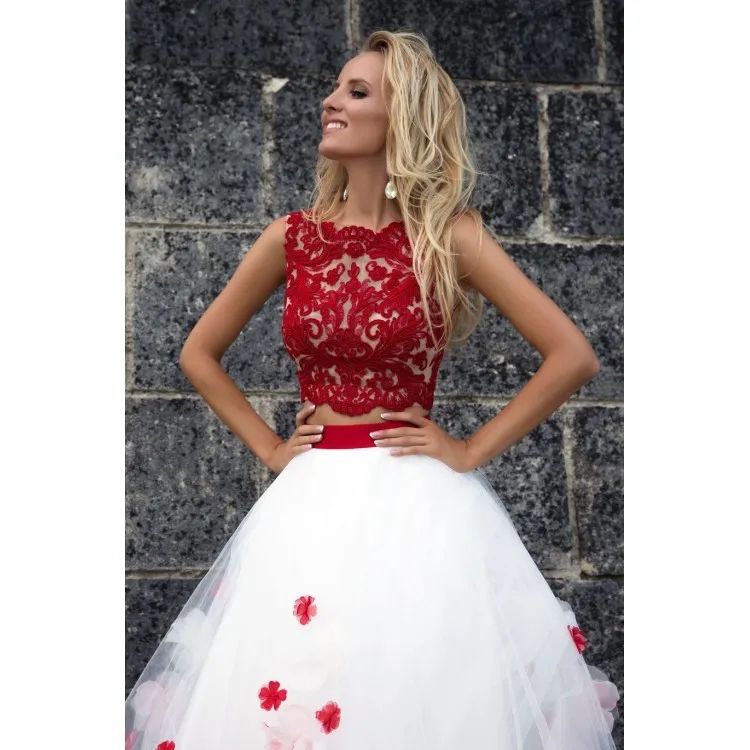Red And White Ball Gown Prom Dresses Two Pieces New Cheap Jewel Neck Lace Applique 3D Floral Flowers Tulle Long Evening
