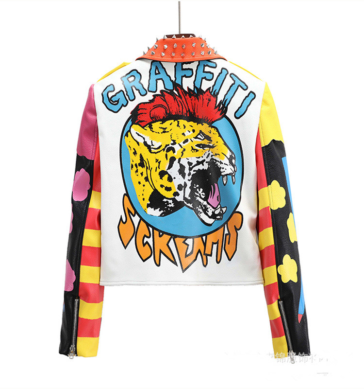 Giacche in pelle PU da donna Graffiti Lettera floreale Stampa animalier Punk Motociclista Zip Rivetto Vita Cappotti da donna Capispalla in colore a contrasto 6329