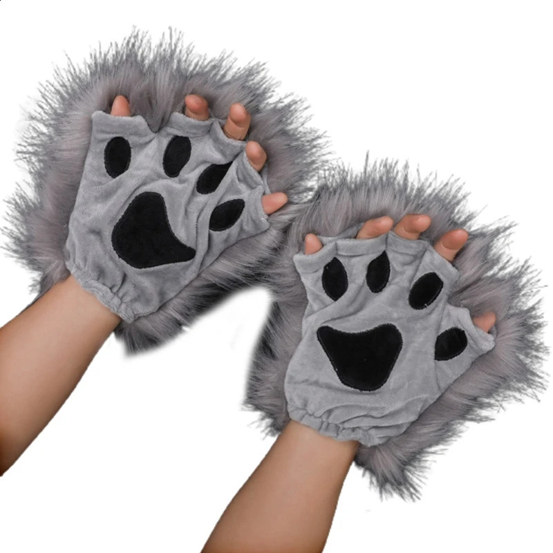 Vijf Vingers Handschoenen 066F 1 Paar Pluche Wolf Poot Handschoenen Halve Vinger Wanten Puppy Vossen Poten Unisex Volwassenen Kostuumaccessoire voor Halloween 231118