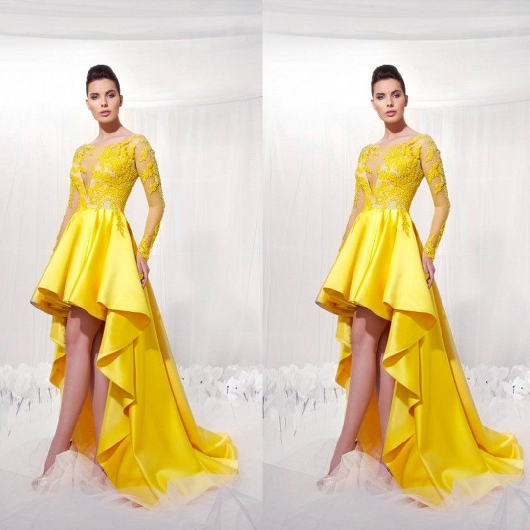 Yellow Short Front Long Back Homecoming Dresses With Illusion Long Sleeves Modest Applique High Low Prom Party Gowns