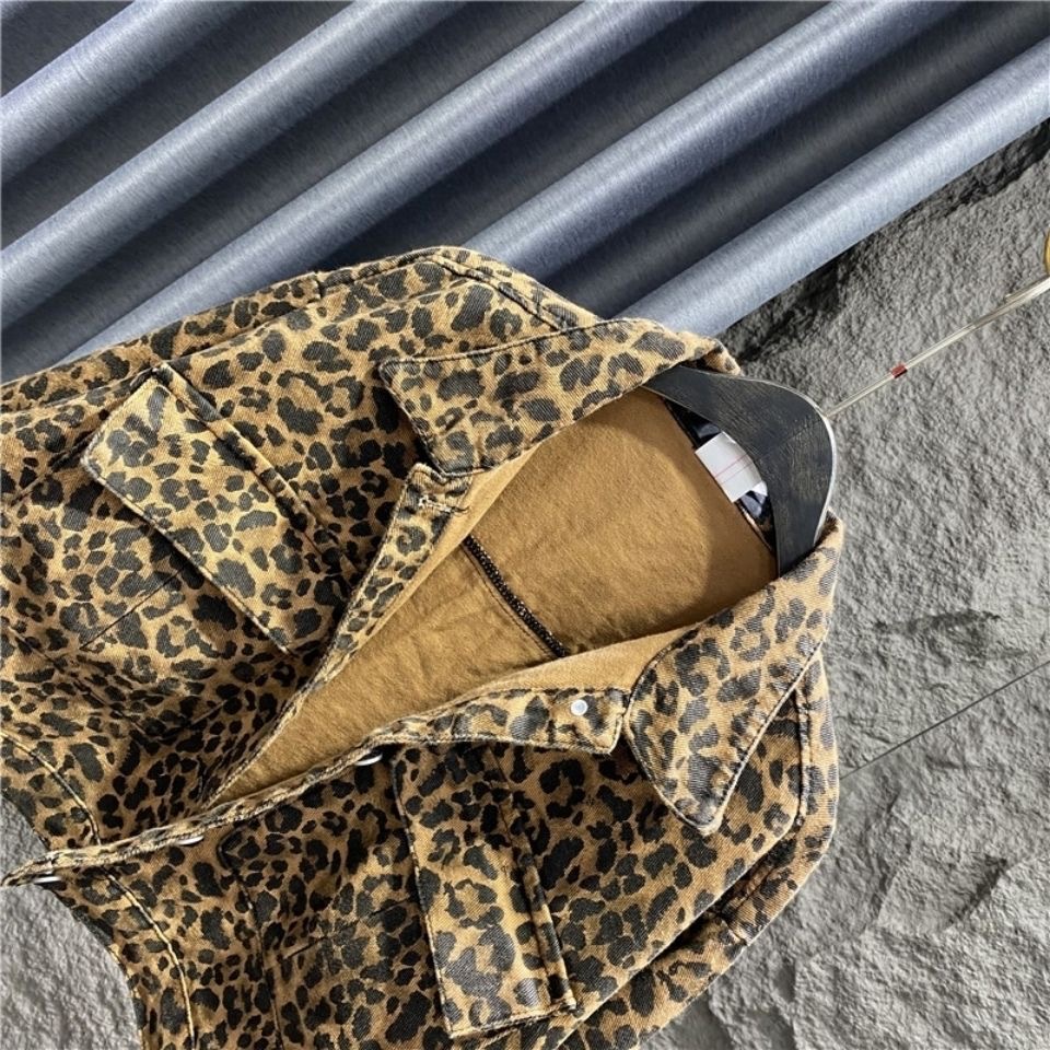 Old Girls leopard grain jacket big kids lapel single breasted long sleeve outwear teenagers all-matching casual clothing Z5481