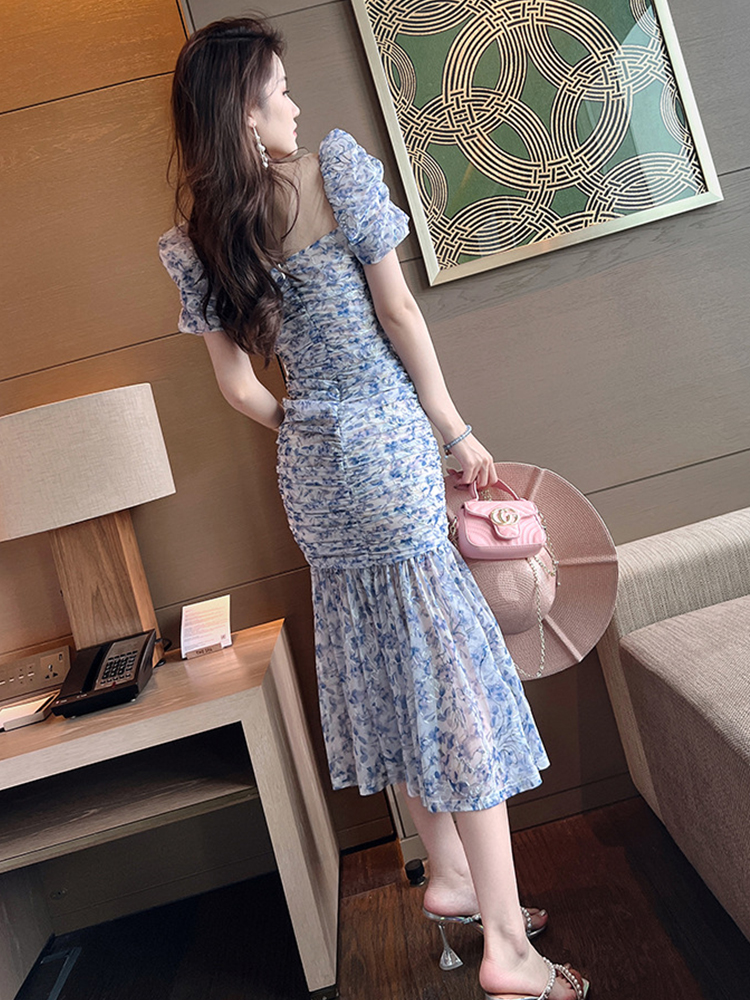 Basic Casual Dresses Summer Women Maxi Dress Sweet Elegant Girly Blue Mesh Embroidery Floral Puff Sleeve Bodycon Pleated Wrap Hip Fishtail Robe Femme 2024
