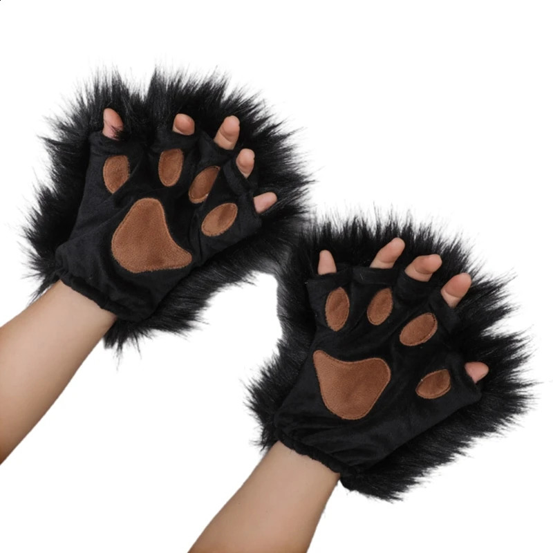 Vijf Vingers Handschoenen 066F 1 Paar Pluche Wolf Poot Handschoenen Halve Vinger Wanten Puppy Vossen Poten Unisex Volwassenen Kostuumaccessoire voor Halloween 231118