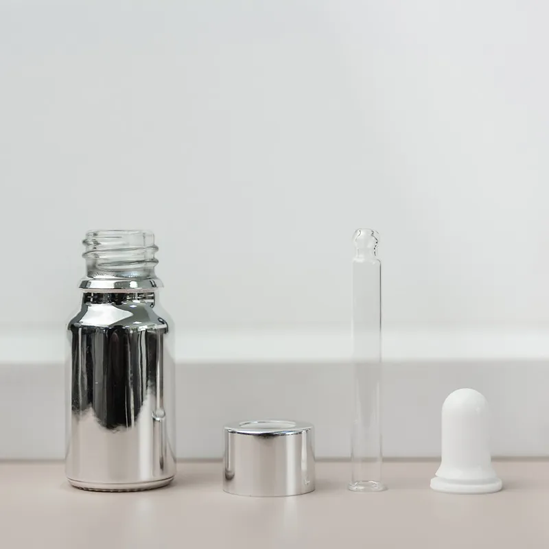 Bouteilles de parfum d'huile d'essence en verre enduit d'argent, flacon compte-gouttes de Pipette de réactif liquide 10ml 15ml 20ml 30ml 50ml