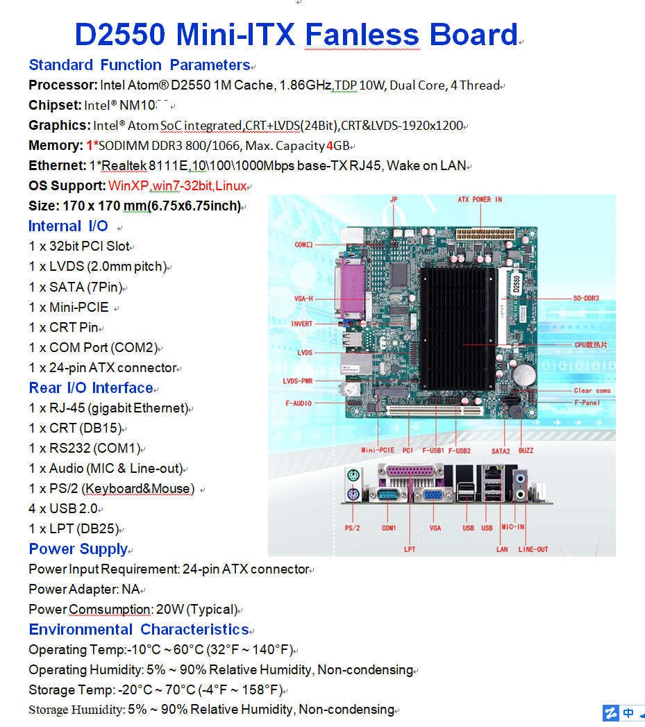 Intel Atom CPU D2550 IPC SBC Embedded Cedarview Mainboard with 2*com lan lpt lvds用ファンレスミニitxマザーボード