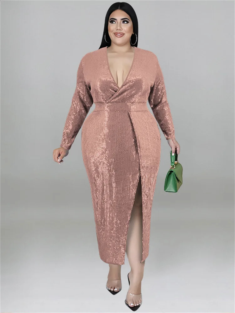 Basic Casual Dresses Wmstar Plus Size Women Clothing Sequins Party Fall V Neck Bodycon Elegant Sexy Evening Midi Dress Wholesale Drop 231118