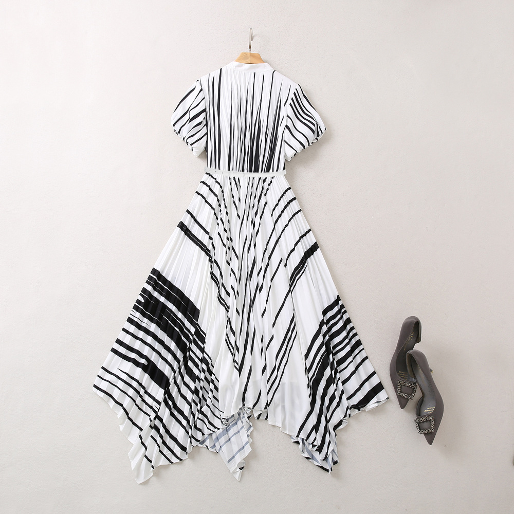 Summer White Striped Print Belted Dress Short Sleeve Stand Collar Pleated Midi Casual Dresses A3A101459