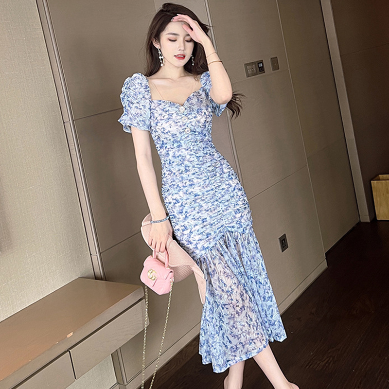 Basic Casual Dresses Summer Women Maxi Dress Sweet Elegant Girly Blue Mesh Embroidery Floral Puff Sleeve Bodycon Pleated Wrap Hip Fishtail Robe Femme 2024