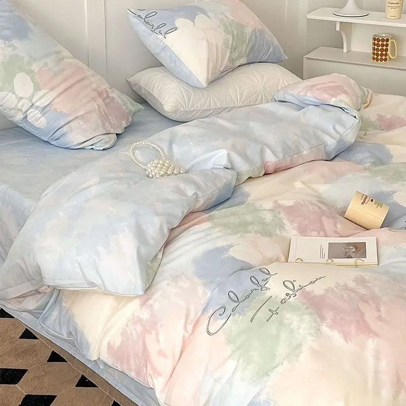 Conjuntos de cama Ins Flores Conjunto Simples Folha Plana Duveta Capa Gêmea Rainha Completa Nordic Linho Menino Menina Linenss 231118