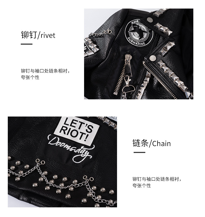 Women's Pu Leather Jackets Graffiti Floral Letter Print Punk Motorcycle Biker Zip Rivet Chains Waist Woman's Coats Contrast Color Outerwear MT-26957