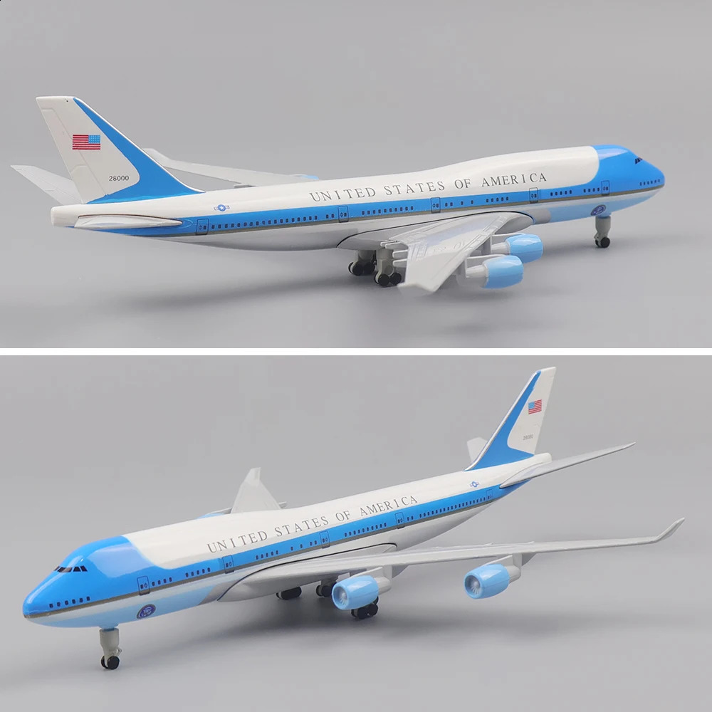 Aeronave Modle Metal Modelo 20cm1 400 Air Force One B747 Réplica Material de liga com ornamentos de trem de pouso Brinquedos infantis presentes 231118