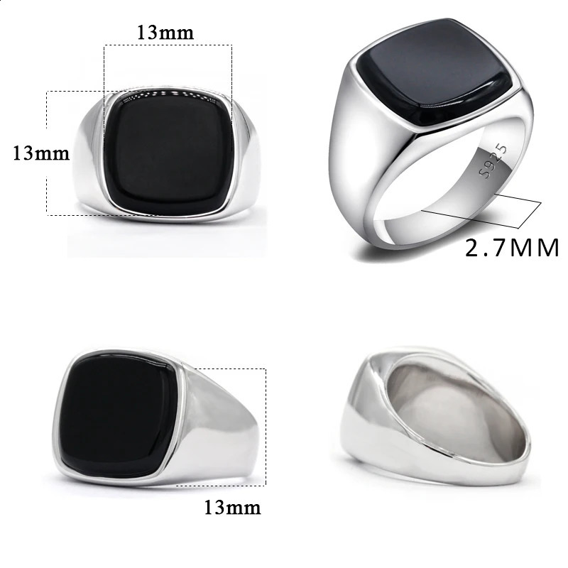 Trouwringen Turkse Ring voor Mannen 925 Sterling Zilver Zwart Onyx Vierkant Natuursteen Ringen Eenvoudige Klassieke Zegelsieraden voor Mannelijke Vrouwen Gift231118