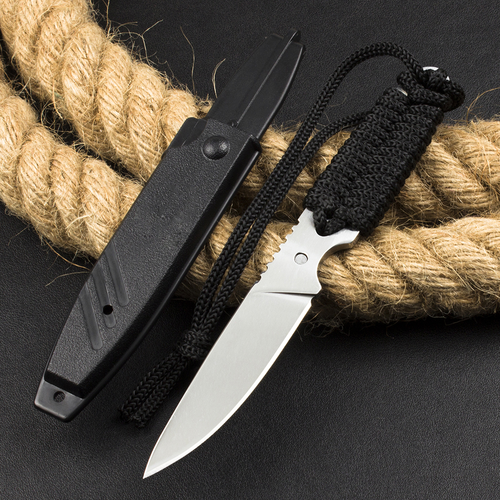 New Outdoor Survival Straight Knife 440C Satin Blade Full Tang Paracord Handle Fixed Blade Knives with ABS Sheath