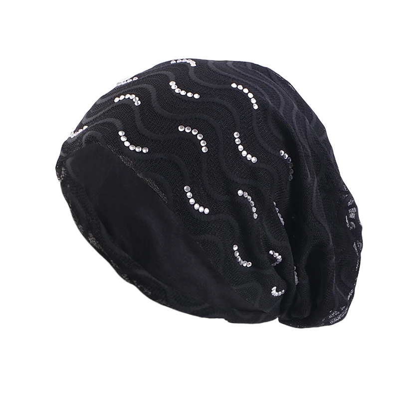 Yeni kadınlar boncuklu dantel bol kafatalar şapkalar gündelik pamuk sarkma beanie şapka Müslüman türban kemo kapaklar eşarp kaput gorros kemik