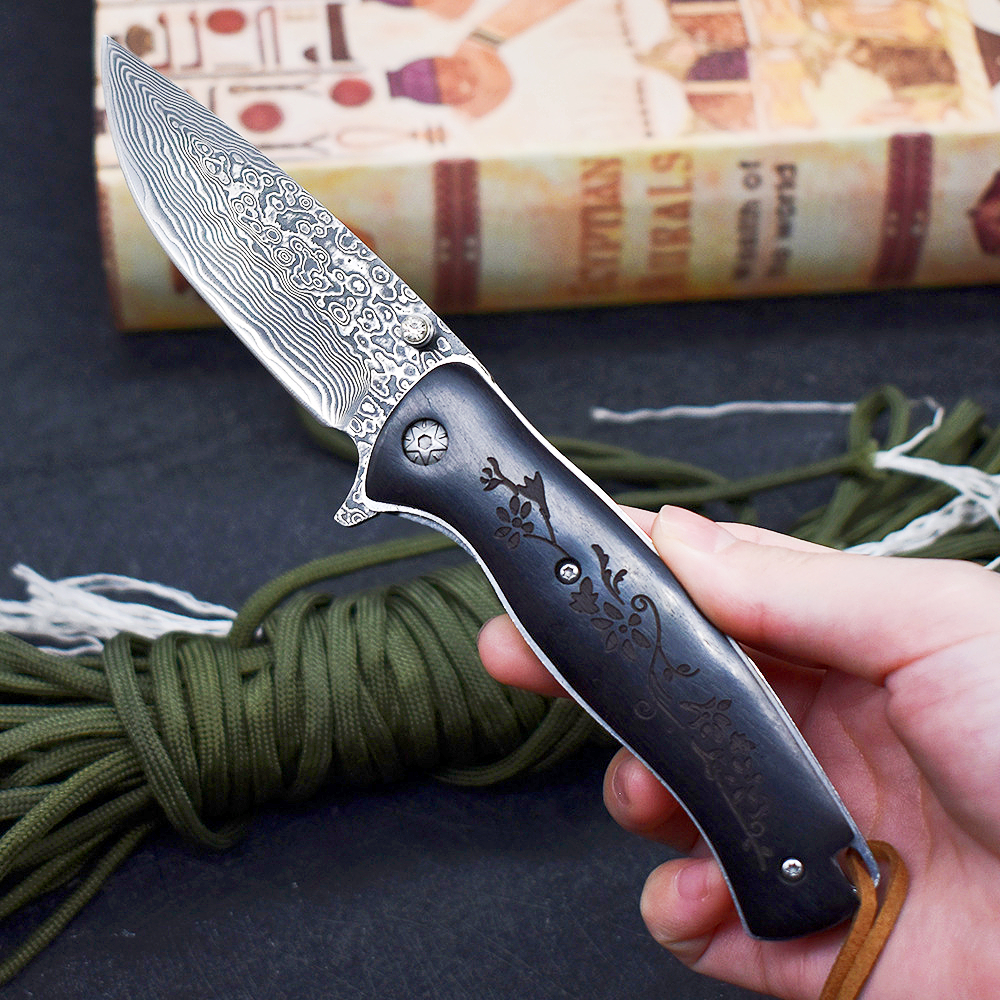 Top Quality A1899 Folding Knife Damascus Steel Drop Point Blade Ebony Handle Ball Bearing Fast Open EDC Pocket Folder Knives Best Gift For Men