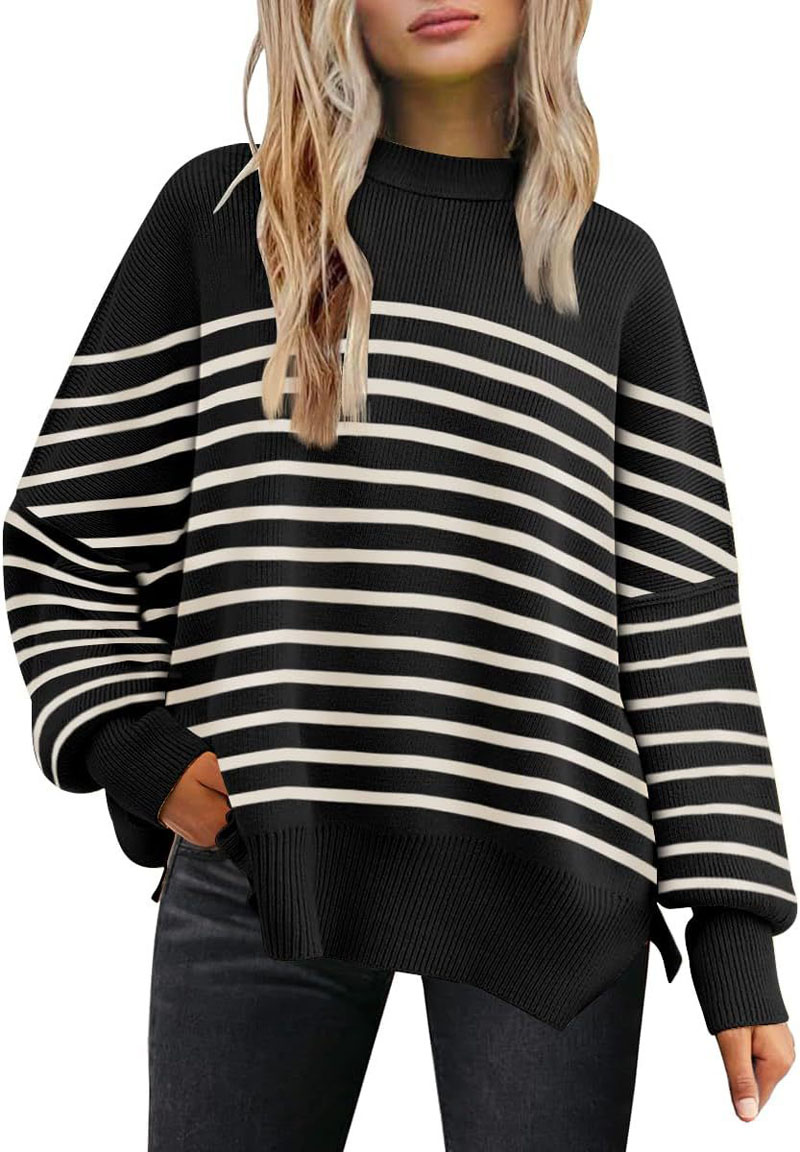 Women's Crewneck Batwing Long Sleeve Sweaters 2023 Fall Overdized Ribbed Knit Side Slitt Pullover Tops 2311203